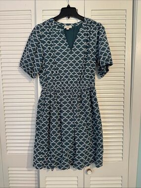 LOFT Teal Lattice-Print Short Sleeve Fit-and-Flare Dress